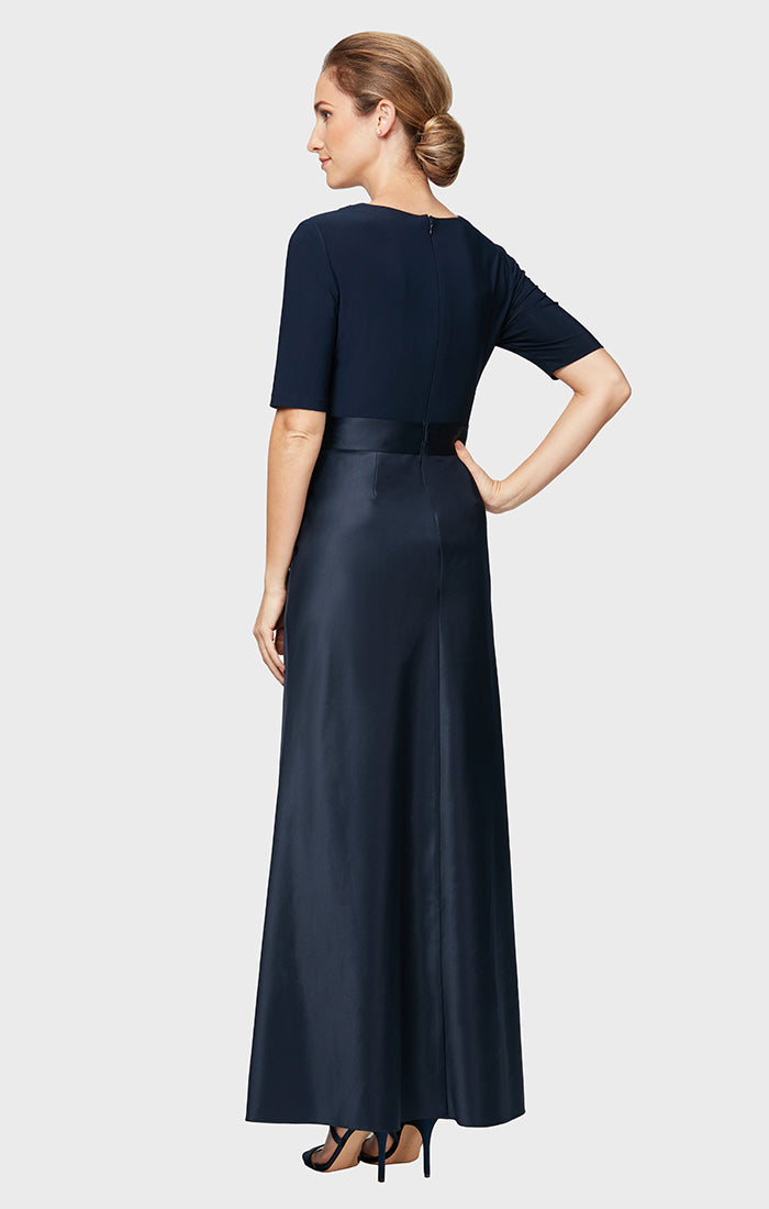 Petite Surplice Neckline Ballgown with Full Satin Skirt & Jersey Bodice