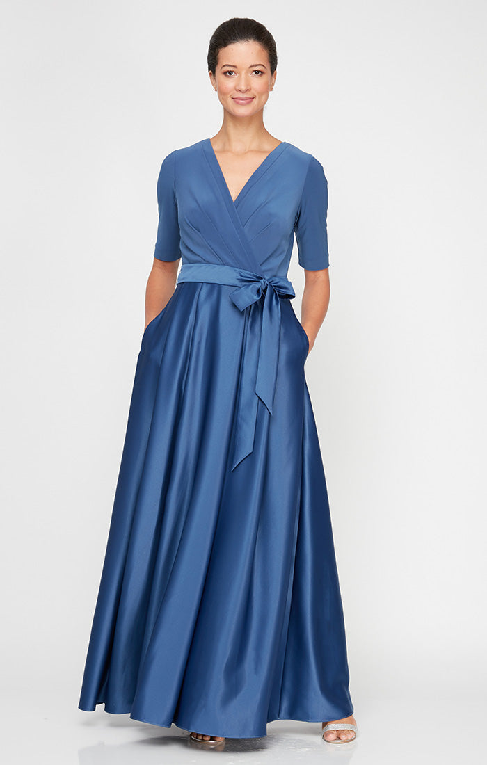 Petite Surplice Neckline Ballgown with Full Satin Skirt & Jersey Bodice