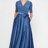 Petite Surplice Neckline Ballgown with Full Satin Skirt & Jersey Bodice