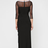 Long Matte Jersey Illusion 3/4 Sleeve Side Ruched Dress with Embellished Neckline