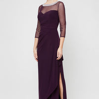Long Matte Jersey Illusion 3/4 Sleeve Side Ruched Dress with Embellished Neckline