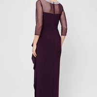 Long Matte Jersey Illusion 3/4 Sleeve Side Ruched Dress with Embellished Neckline