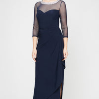 Plus Matte Jersey Illusion 3/4 Sleeve Side Ruched Dress with Embellished Neckline