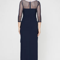 Plus Matte Jersey Illusion 3/4 Sleeve Side Ruched Dress with Embellished Neckline