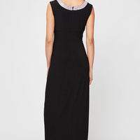 Long Sleeveless Dress with Embellishment Detail at Neckline and Front Slit