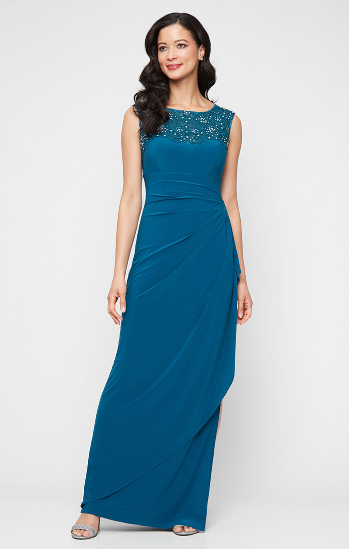 Long Matte Jersey Dress with Sweetheart Heat Set Embroidered Neckline and Cascade Detail Skirt
