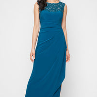 Petite Long Matte Jersey Dress with Sweetheart Heat Set Embroidered Neckline and Cascade Detail Skirt