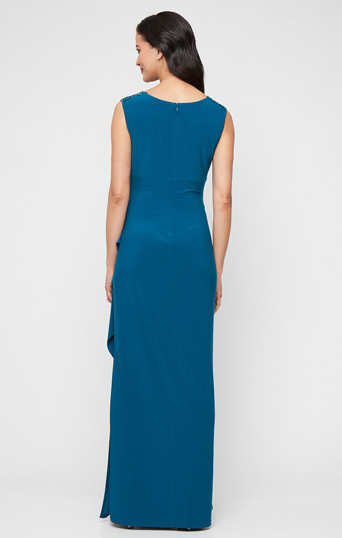 Long Matte Jersey Dress with Sweetheart Heat Set Embroidered Neckline and Cascade Detail Skirt