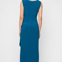 Petite Long Matte Jersey Dress with Sweetheart Heat Set Embroidered Neckline and Cascade Detail Skirt