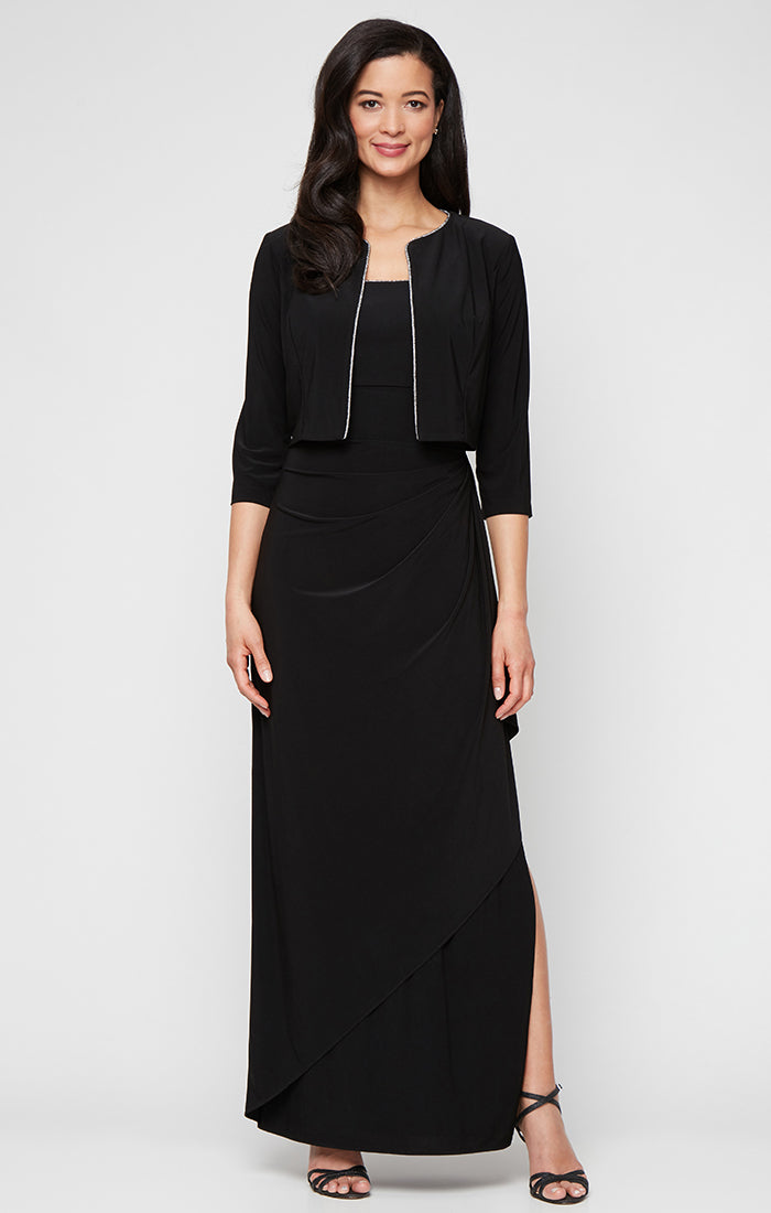 Petite Long Matte Jersey Jacket Dress with Scoop Neckline, Cascade Skirt, Open Jacket and Foil Piping Trim