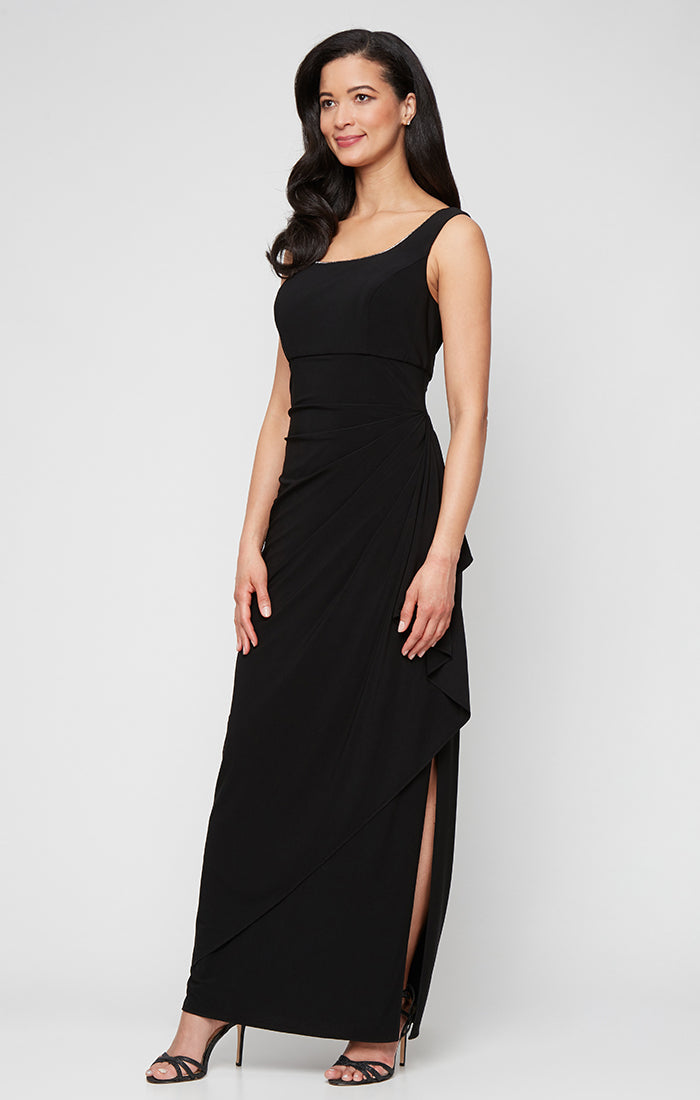 Petite Long Matte Jersey Jacket Dress with Scoop Neckline, Cascade Skirt, Open Jacket and Foil Piping Trim