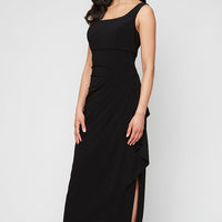 Petite Long Matte Jersey Jacket Dress with Scoop Neckline, Cascade Skirt, Open Jacket and Foil Piping Trim