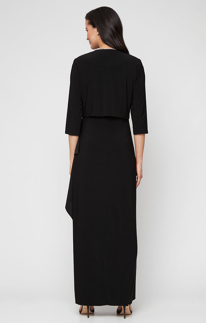 Petite Long Matte Jersey Jacket Dress with Scoop Neckline, Cascade Skirt, Open Jacket and Foil Piping Trim
