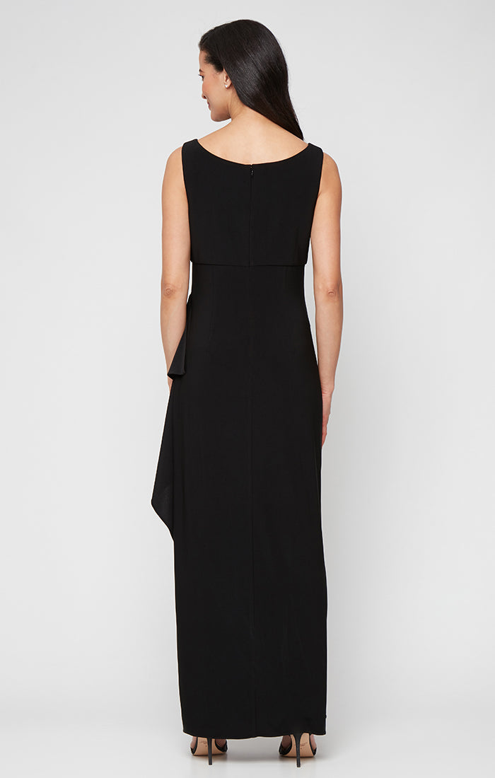 Petite Long Matte Jersey Jacket Dress with Scoop Neckline, Cascade Skirt, Open Jacket and Foil Piping Trim