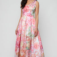 Petite Long Printed Mikado Dress with V-Neckline