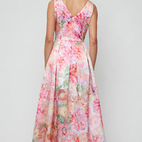 Petite Long Printed Mikado Dress with V-Neckline