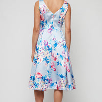 Midi Sleeveless Printed Stretch Faille A-Line Dress with V-Neckline