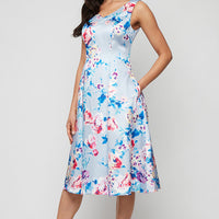 Midi Sleeveless Printed Stretch Faille A-Line Dress with V-Neckline
