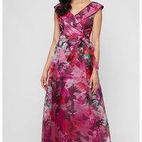 Long Sleeveless Printed Organza Ballgown with Portrait Collar Neckline and Tie Belt