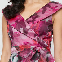 Long Sleeveless Printed Organza Ballgown with Portrait Collar Neckline and Tie Belt