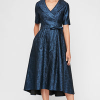 Midi Portrait Collar Stretch Jacquard Party Dress with Elbow Sleeves & Tie Waist