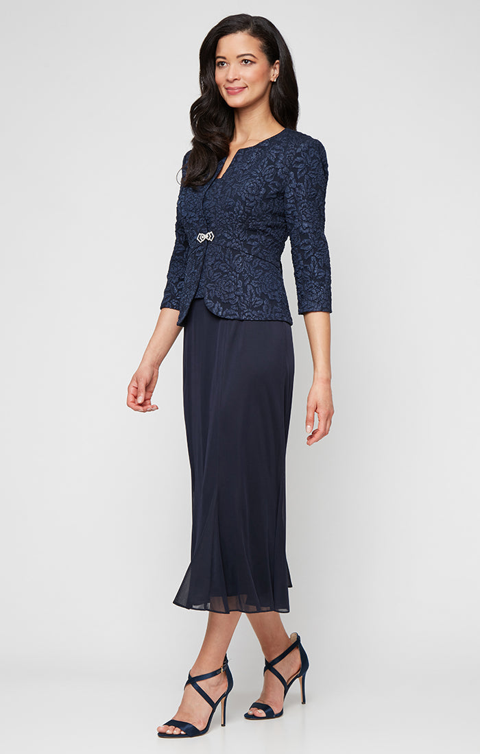 Tea Length Textured Jacquard Mock Jacket Dress with Scoop Neck Bodice