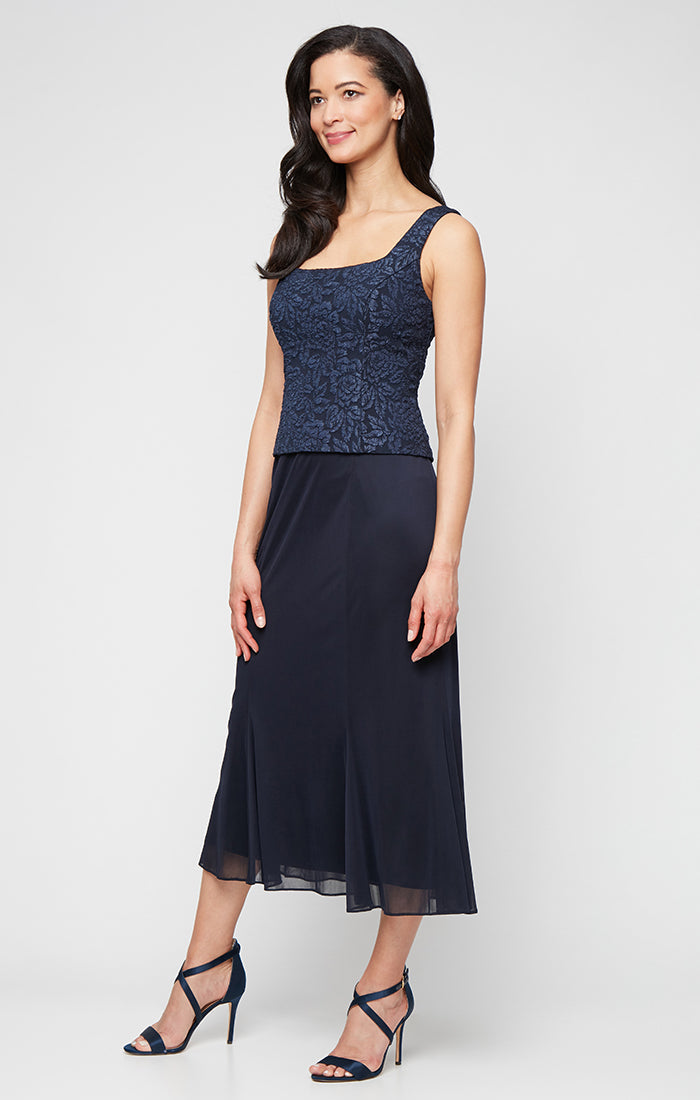 Tea Length Textured Jacquard Mock Jacket Dress with Scoop Neck Bodice