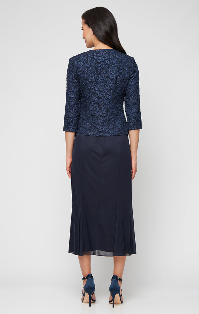 Tea Length Textured Jacquard Mock Jacket Dress with Scoop Neck Bodice