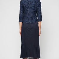 Tea Length Textured Jacquard Mock Jacket Dress with Scoop Neck Bodice