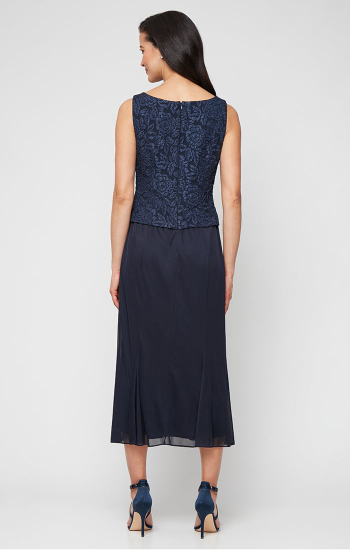 Tea Length Textured Jacquard Mock Jacket Dress with Scoop Neck Bodice