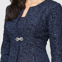 Plus Tea Length Textured Jacquard Mock Jacket Dress with Scoop Neck Bodice