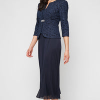 Plus Tea Length Textured Jacquard Mock Jacket Dress with Scoop Neck Bodice