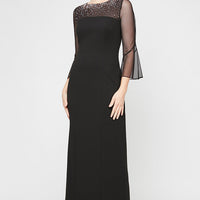 Long Column Dress With Heat Set Illusion Neckline and Bell Sleeves