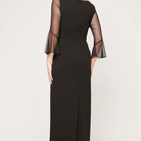 Long Column Dress With Heat Set Illusion Neckline and Bell Sleeves