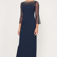 Long Column Stretch Crepe Gown with Heat Set Illusion Neckline & Bell Sleeves