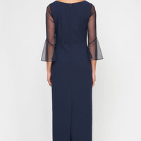 Long Column Stretch Crepe Gown with Heat Set Illusion Neckline & Bell Sleeves