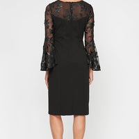 Petite Short V-Neck Sheath Crepe Dress with Illusion Neckline & Cascade Bell Sleeves
