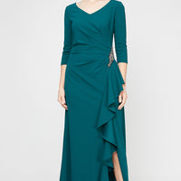 *Long V-Neck Dress With Cascade Detail Skirt