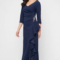 *Long V-Neck Dress With Cascade Detail Skirt
