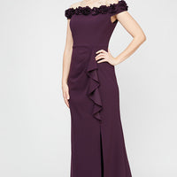 *Long Off the Shoulder Dress With 3D Flower Neckline and Front Slit