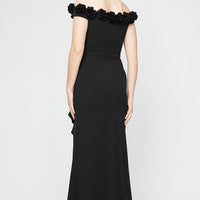 *Long Off the Shoulder Dress With 3D Flower Neckline and Front Slit