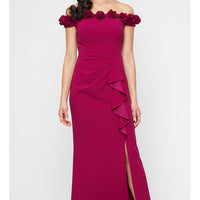 *Long Off the Shoulder Dress With 3D Flower Neckline and Front Slit