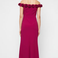 *Long Off the Shoulder Dress With 3D Flower Neckline and Front Slit