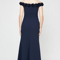 *Long Off the Shoulder Dress With 3D Flower Neckline and Front Slit