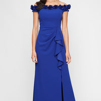 *Long Off the Shoulder Dress With 3D Flower Neckline and Front Slit