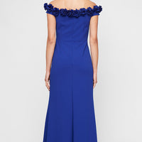 *Long Off the Shoulder Dress With 3D Flower Neckline and Front Slit