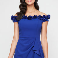 *Long Off the Shoulder Dress With 3D Flower Neckline and Front Slit