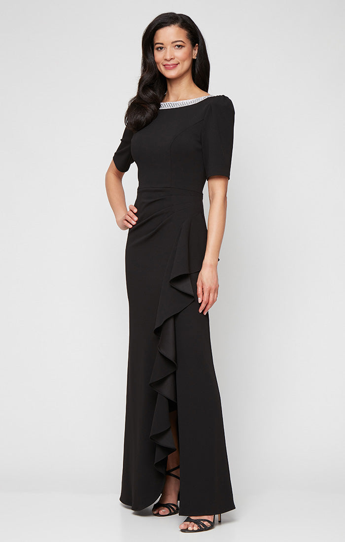 Plus Long Embellished Neck Dress with Elbow Sleeves and Cascade Detail Skirt