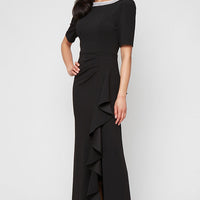 Plus Long Embellished Neck Dress with Elbow Sleeves and Cascade Detail Skirt