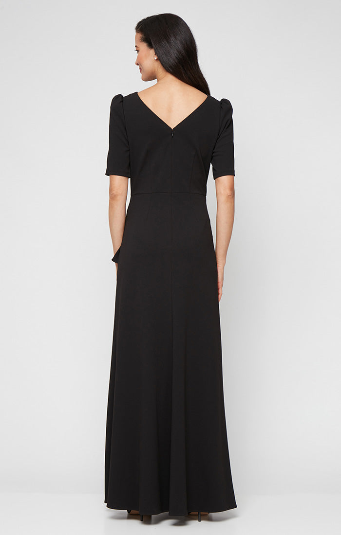 Plus Long Embellished Neck Dress with Elbow Sleeves and Cascade Detail Skirt